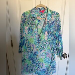 Lilly Pulitzer Pastel Floral Button-Up Tunic — Blue, Green & Pink